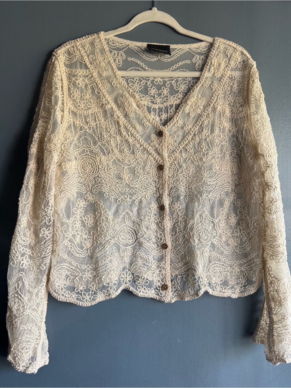 LIV Los Angeles Women’s Cream/Beige Embroidered Mesh Lace Cardigan Size L